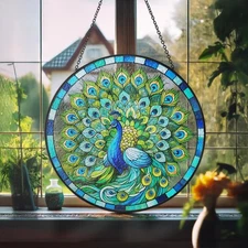 Peacock Flowers Stained Glass Suncatcher for Window Hanging Wall Decor Art Gift