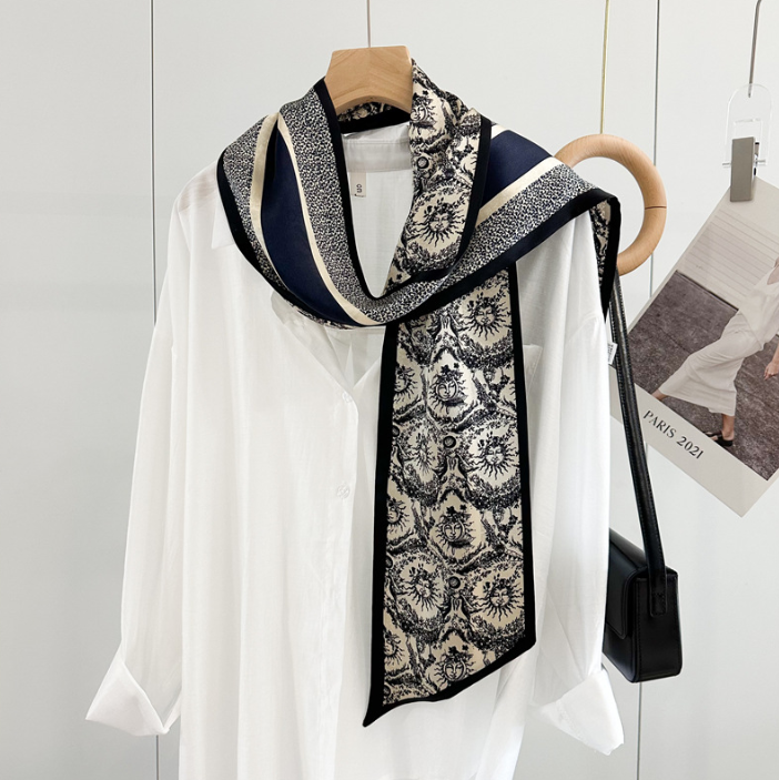 Black Mulberry Silk Scarf 150x16cm Women's Wrap Neckerchief Sun God Print