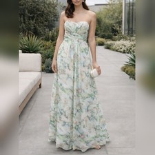 David's Bridal Green Print Strapless Chiffon Bridesmaid Formal Dress sz 4