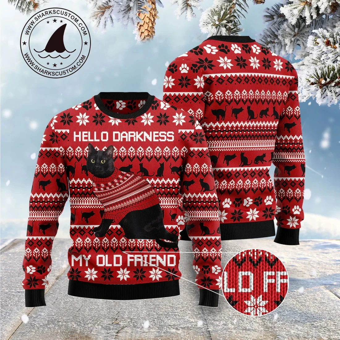 Black Cat Hello Darkness My Old Friend Ugly Sweater - 3D Print Ugly Sweatshirt