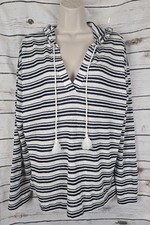 Tahari Navy Blue Striped 100% Linen Knit Top L Hooded Long Sleeves Beachy