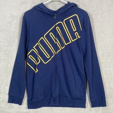 Puma Full Zip Hoodie Kids XL Blue Yellow Graphic Logo Fleece Sweatshirt