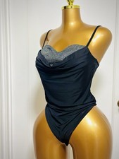 Dazzling Black Bodysuit with Glitter/Sequin Sweetheart Neckline