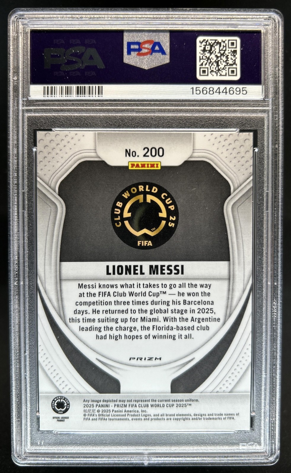 2025 Panini Prizm FIFA Club World Cup Lionel Messi Pulsar #200 Inter PSA 9 view 2