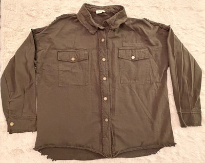 La Miel Womens L Shacket Olive Green Utility Shirt Jacket Frayed Hem Grunge