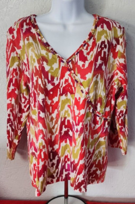 Ruby Rd Women's Shirt LARGE Cotton / Spandex V-Neck BEADED 3/4 Sleeve Orange Red