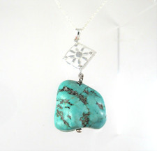 .925 Sterling Silver Turquoise Necklace 21" Cable Chain Rough Pendant Statement