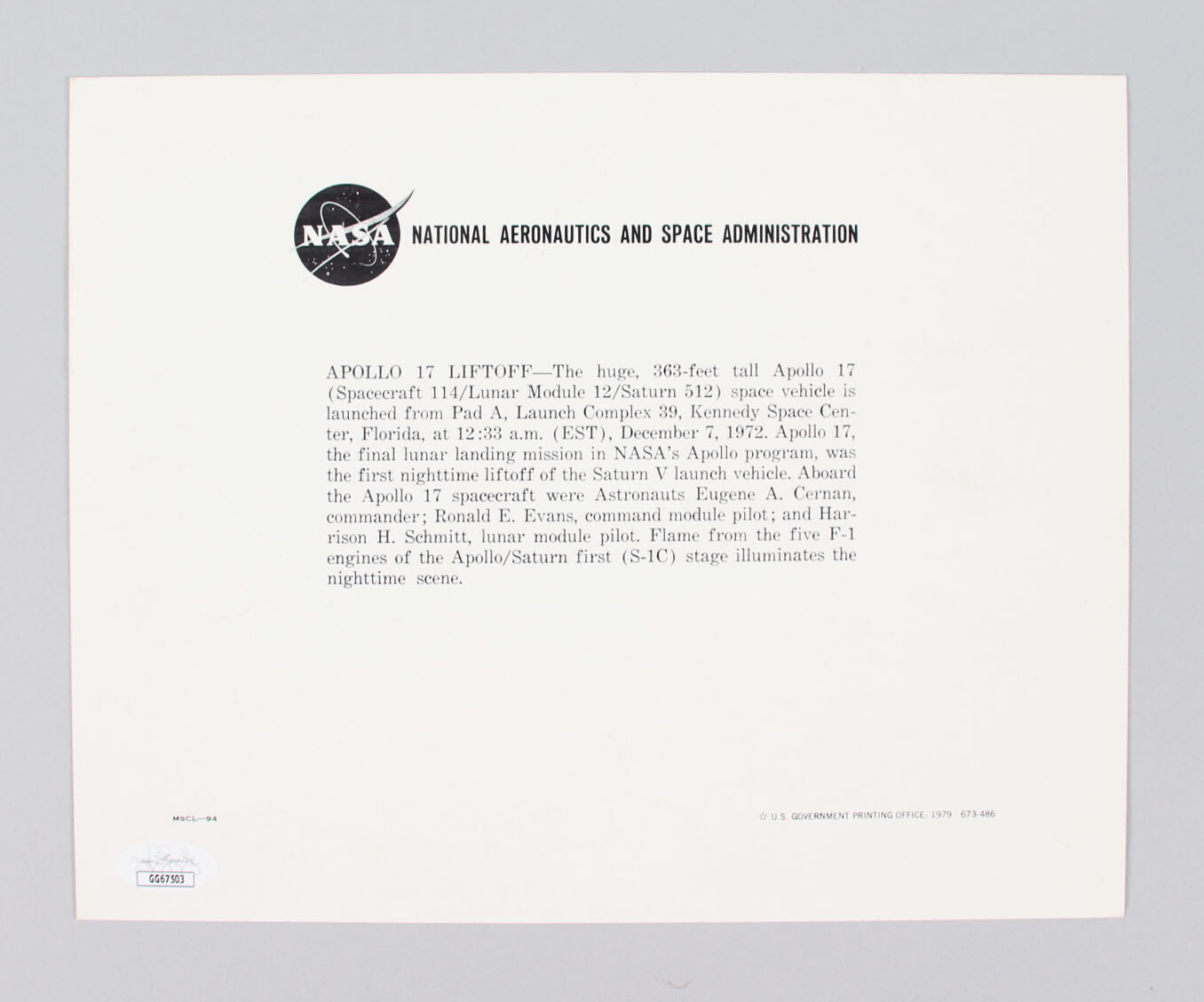 Eugene Cernan Signed Photo Apollo 17 - COA JSA