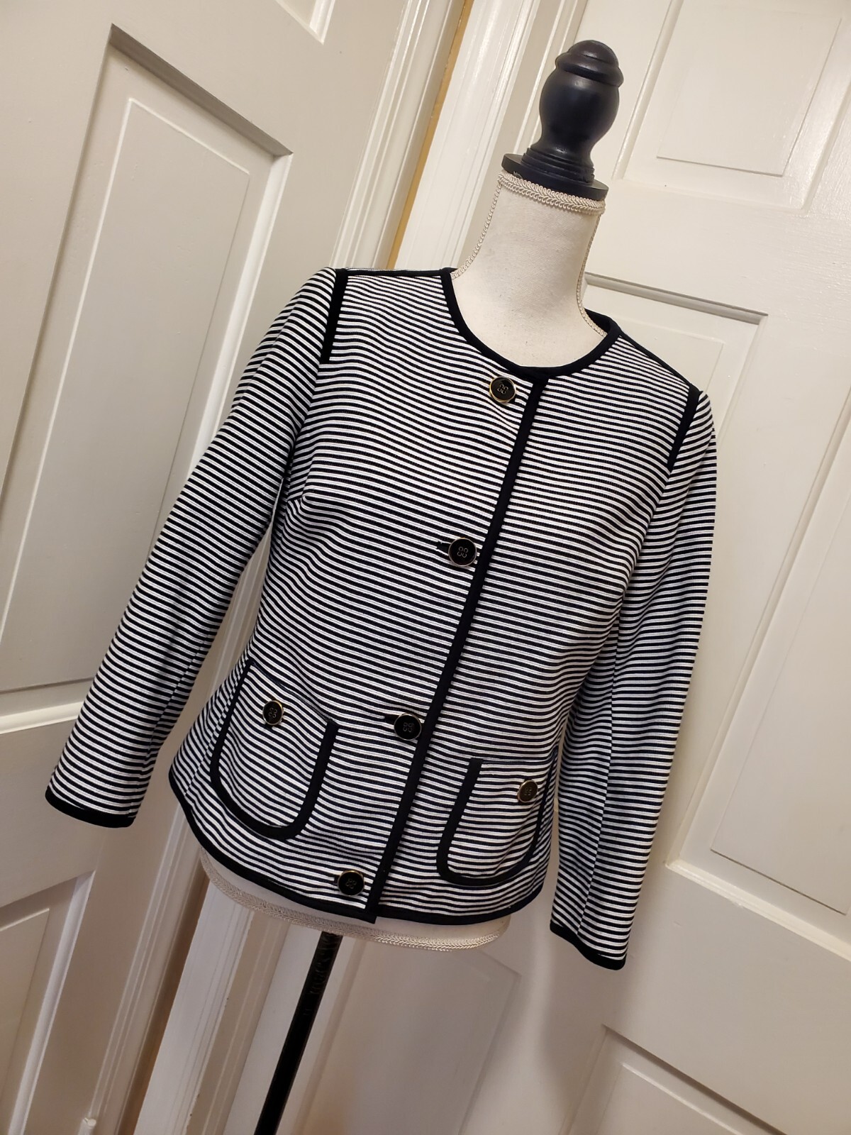 Talbots Size 4 Lined Blazer Jacket Black White St… - image 3