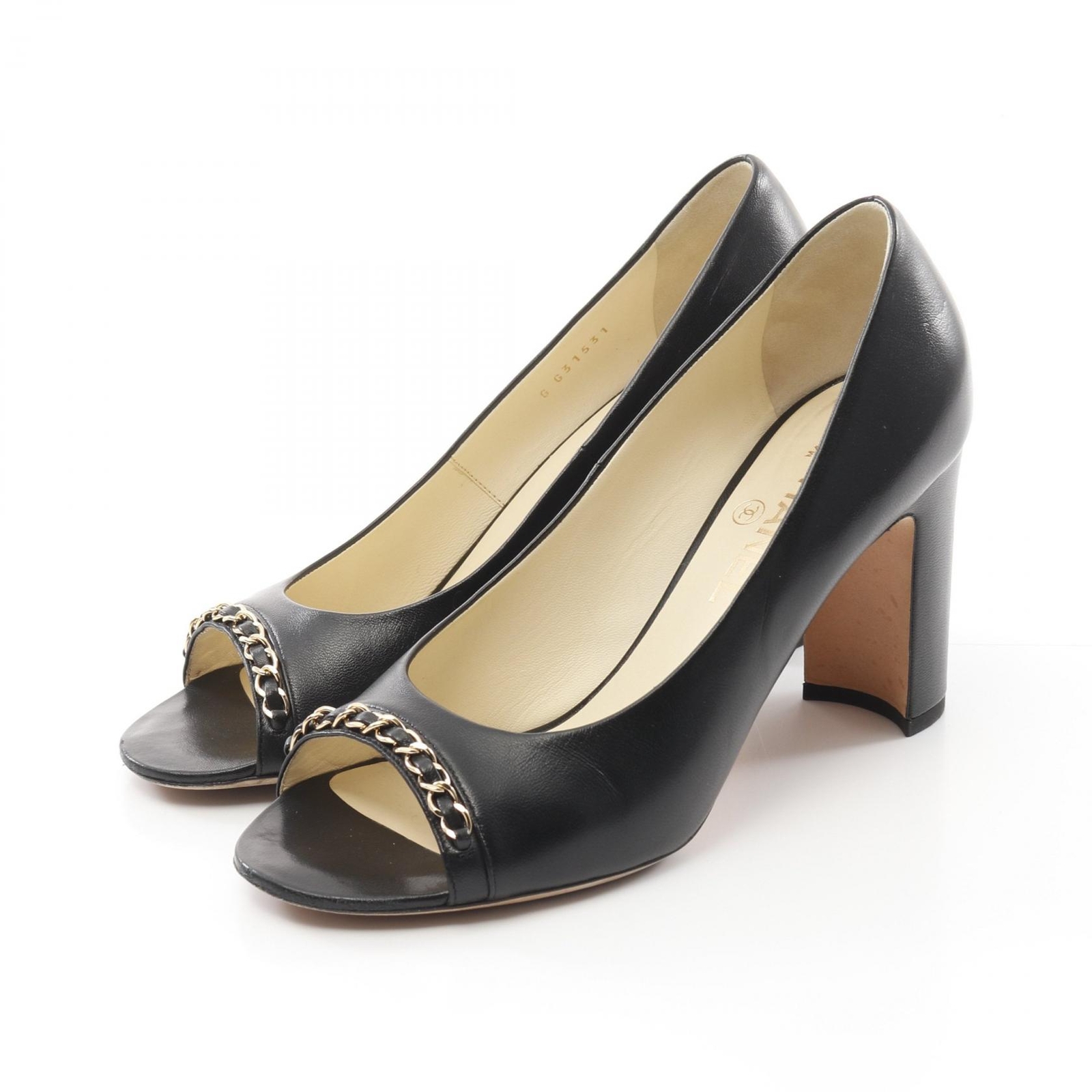 CHANEL COCO Mark black leather open-toe pumps with heels size 39.5 pre-owned