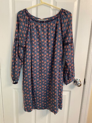 Roller Rabbit Dress Sz S Blue Floral Relaxed Peasant Cottage Boho Pockets Shift