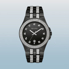 NIB Bulova Men's Black Swarovski crystal Watch Graduation Occasion Gift RARE