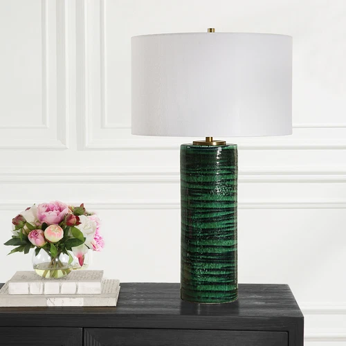 Emerald Green Swirl Stripe Cylinder Table Lamp 28 in Gloss Ceramic Elegant - Picture 3 of 7