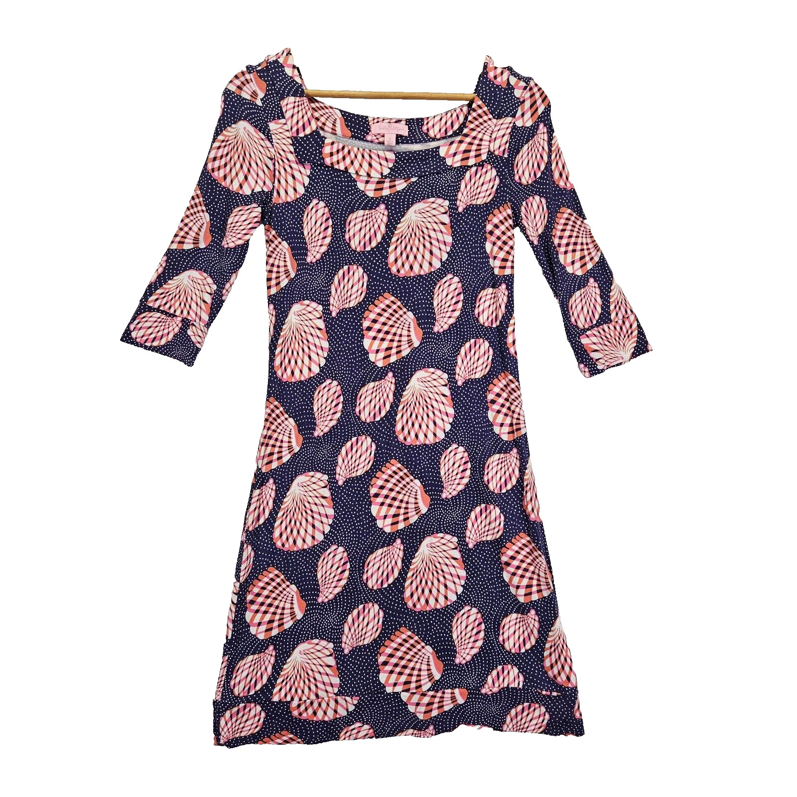 Lilly Pulitzer Kari Dress Small Pink Blue Seashell Square Neck 3/4 Sleeve Shift