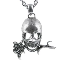 Stainless Steel Skull Pendant Necklace w. Rose Biker Gothic Jewelry by Controse