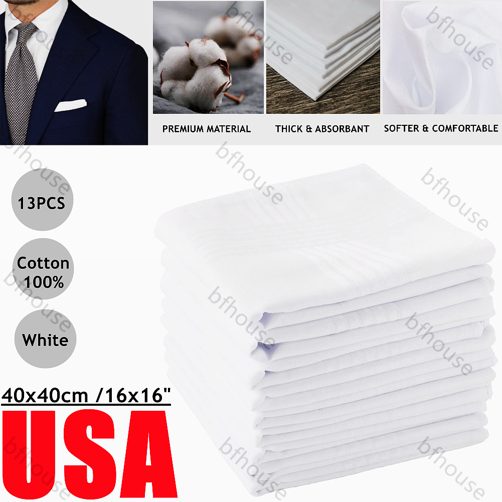 13PCS Men's Handkerchiefs White 100 Cotton Pocket Squares Soft Hankies