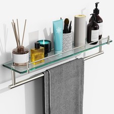 KOCOK 24-Inch Tempered Glass Bathroom Shelf with Towel Bar - Brushed Nickel T...