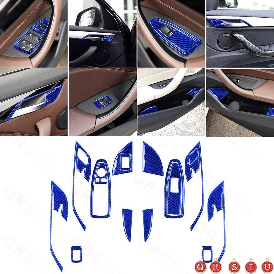 Juego completo de 32 piezas de embellecedor interior de fibra de carbono azul para BMW X1 F48 2016-18 Foto 2 de 4