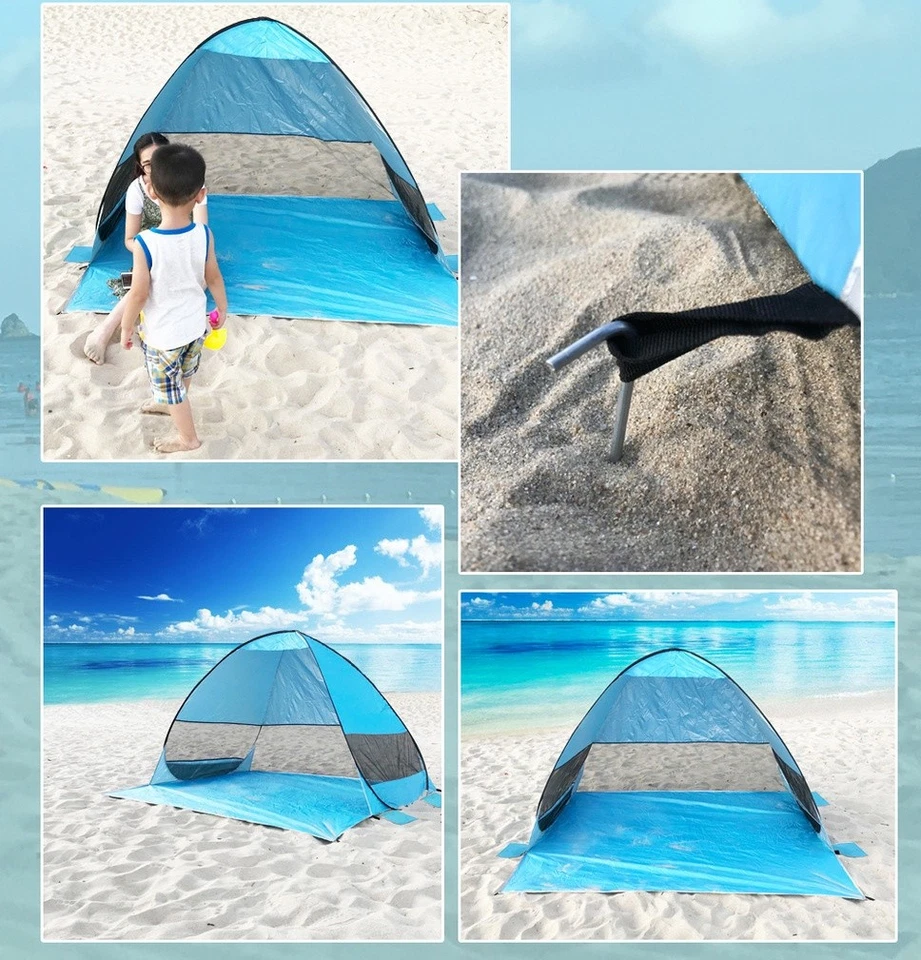 Tienda de playa emergente fácil instalación refugio solar para 1-3 personas protección UV sombrilla Foto 4 de 4