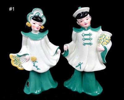 Florence Ceramics Calif Pottery Asian Boy & Fan Girl 8'' Planter Figurines 1942-