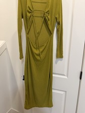 PrettyLittleThing Olive Green Ribbed Cut Out Maxi Dress Long Sleeve Size US 12 