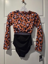 Art Class Long Sleeve Orange Leopard Print One Piece Swimsuit L 10/12 Nwt