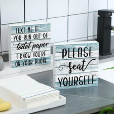 2 Pieces Farmhouse Bathroom Signs Decor Wooden Box Sign Funny Bathroom Blue