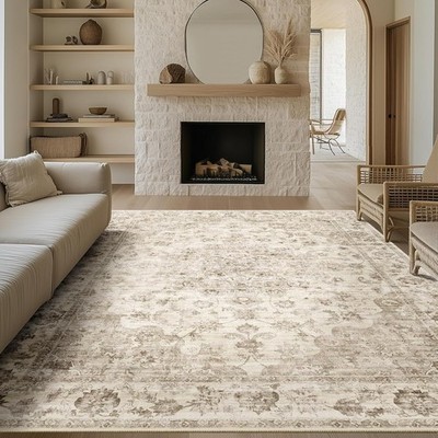 9x12 Neutral Area Rug Beige Vintage Washable