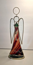 Stained Glass Angel Figurine   Flat Panel   Horn   Red / Clear - Gold Halo