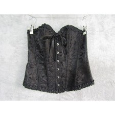 Black Damask Floral Satin Corset Top Ruffle Trim Lace Up Back Goth Victorian L