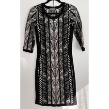 J. Taylor Black Cream Geometric Knit Bodycon Sweater Dress 3/4 Sleeve Small