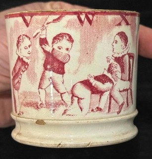 Antique Staffordshire "V W X" Boys Spanking Transfer Child's Mug c.1830