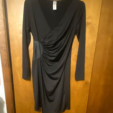 Women's Black Long Sleeve V-Neck Ruched Wrap Sheath Knit Dress, Knee Length M/M