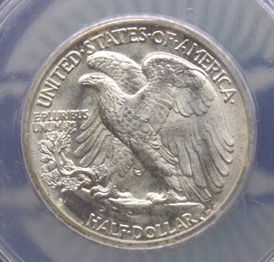 1936 年 "S" Walking Liberty 银色半美元 50c ANACS MS63 #555 Unc BU ECC&C Inc — 第 2/4 张图片