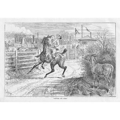 REITEN Zwischen zwei Feuern: Ein Zug und ein Esel - Antikdruck 1888