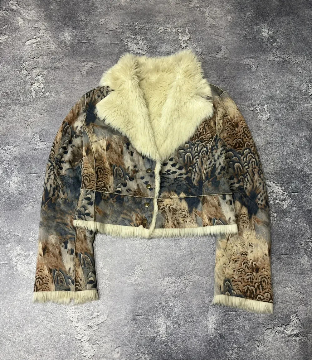 Crazy Vintage Y2K Leopard/Feather Print Cavalli Type Cropped Fur Jacket