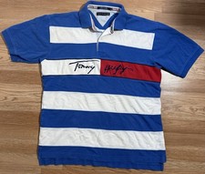 Tommy Hilfiger Vintage Y2K Blue And White Stripped Polo Shirt Size XL