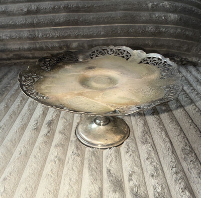 B. M. Mts Copper SP Metal Round Pedestal Cake Stand Compote with Pierced Rim
