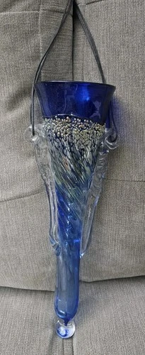 Vintage Blue Gold Art Glass  Hanging Trumpet Vase Murano Style 12"