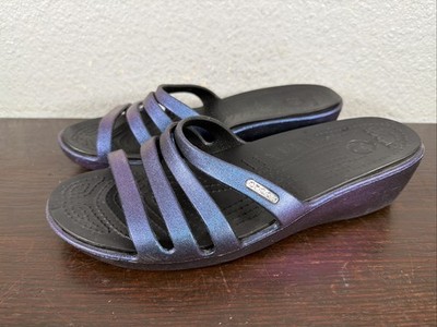 Crocs Women s Strappy Rhonda Wedge Slip On Iridescent Black Sandals Size 9