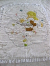 Vtg Handmade Ruffled Precious Moments Baby Quilt Blanket Embroidery App 31"X 38"
