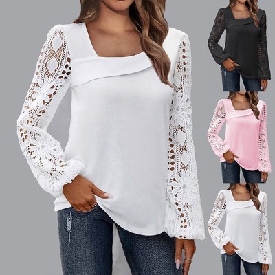 Damen Elegant Langarm T-Shirt Tunika Spitze Kragen Bluse Freizeit Hemd Oberteile
