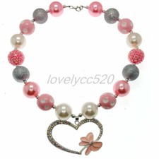 Pink Crystal Heart Chunky Beads Kids Bubblegum Gumball Fashion Women Necklace