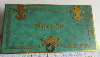 alte Messmer Tee-Truhe Blech Türkis/Gold