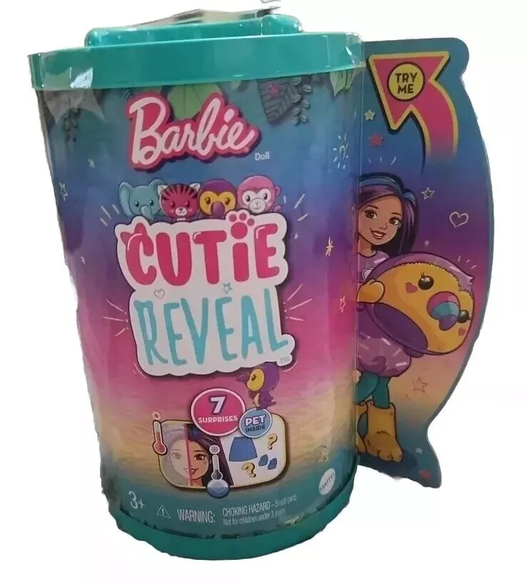 Barbie Cutie Reveal Jungle Series 7 Surprises Rainbow Hair Bird Pet NEW in BOX