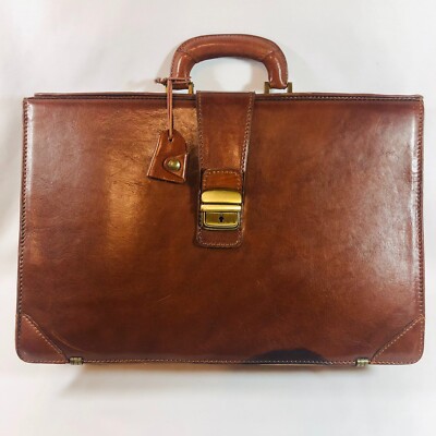 Vera Pelle Genuine Leather Brown Briefcase Computer Bag with Key Made in Italy