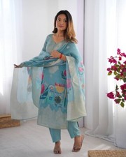 Ethnic Wear Chanderi Silk Salwar Kameez With Light Blue Dupatta For Women Girls