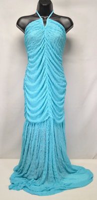 NWT GANNI Ruched Stretch Lace Halter Maxi Dress In Blue Curacao Size 40 US  8/10 | eBay