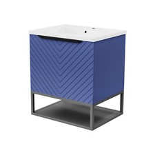 Blue 600mm Wall Hung Drawers Basin Vanity Black Frame & Handle