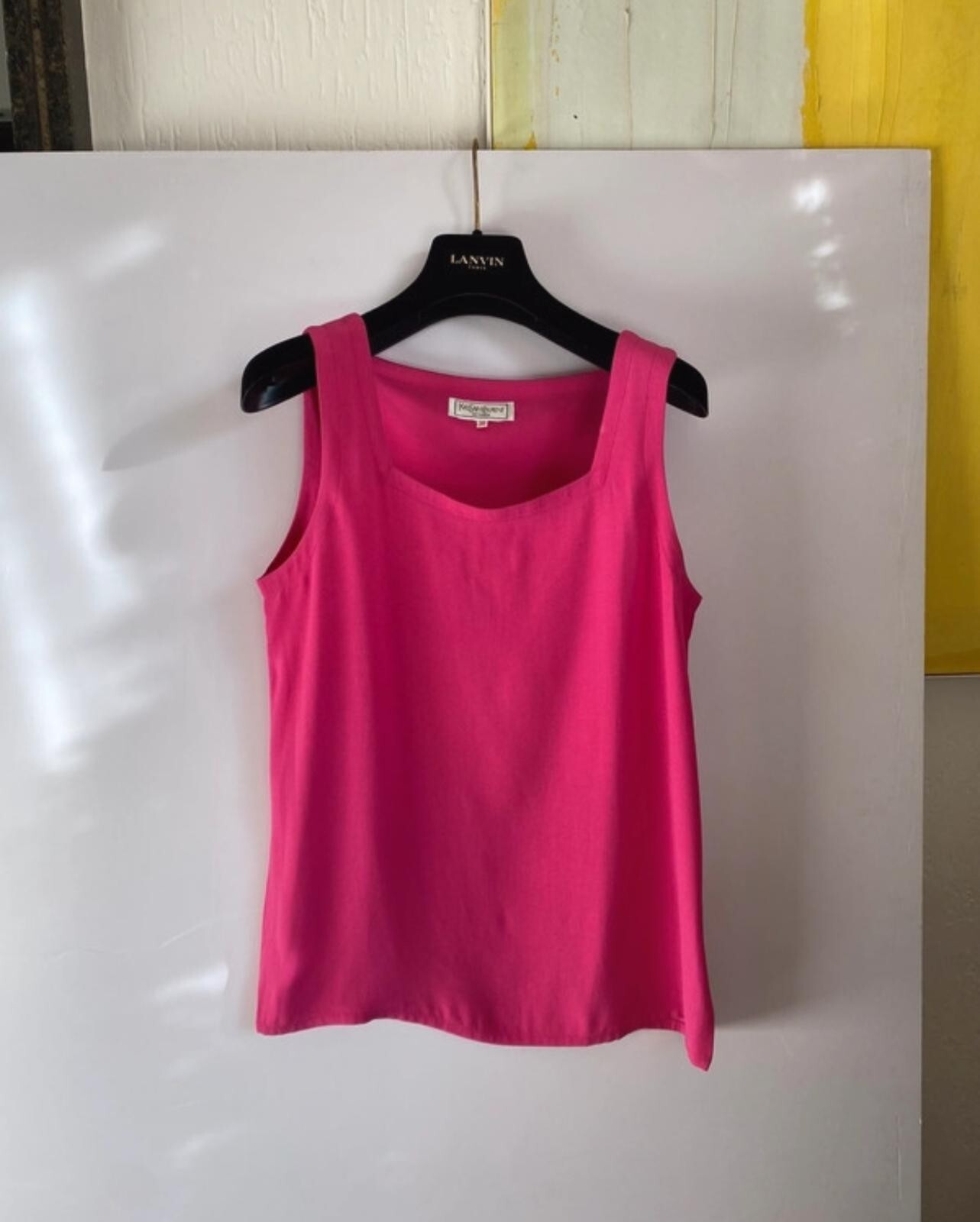 Yves Saint Laurent crepe back satin bright fuchsia square neckline sleevless top